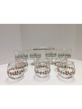 Vintage 10pc Set Holly Berry Libbey Glasses Gold Rim 4 Sherbert DW364